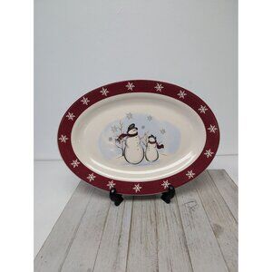 Royal Seasons Stoneware Snowmen Platter Snowflakes Red Trim 14"x10"